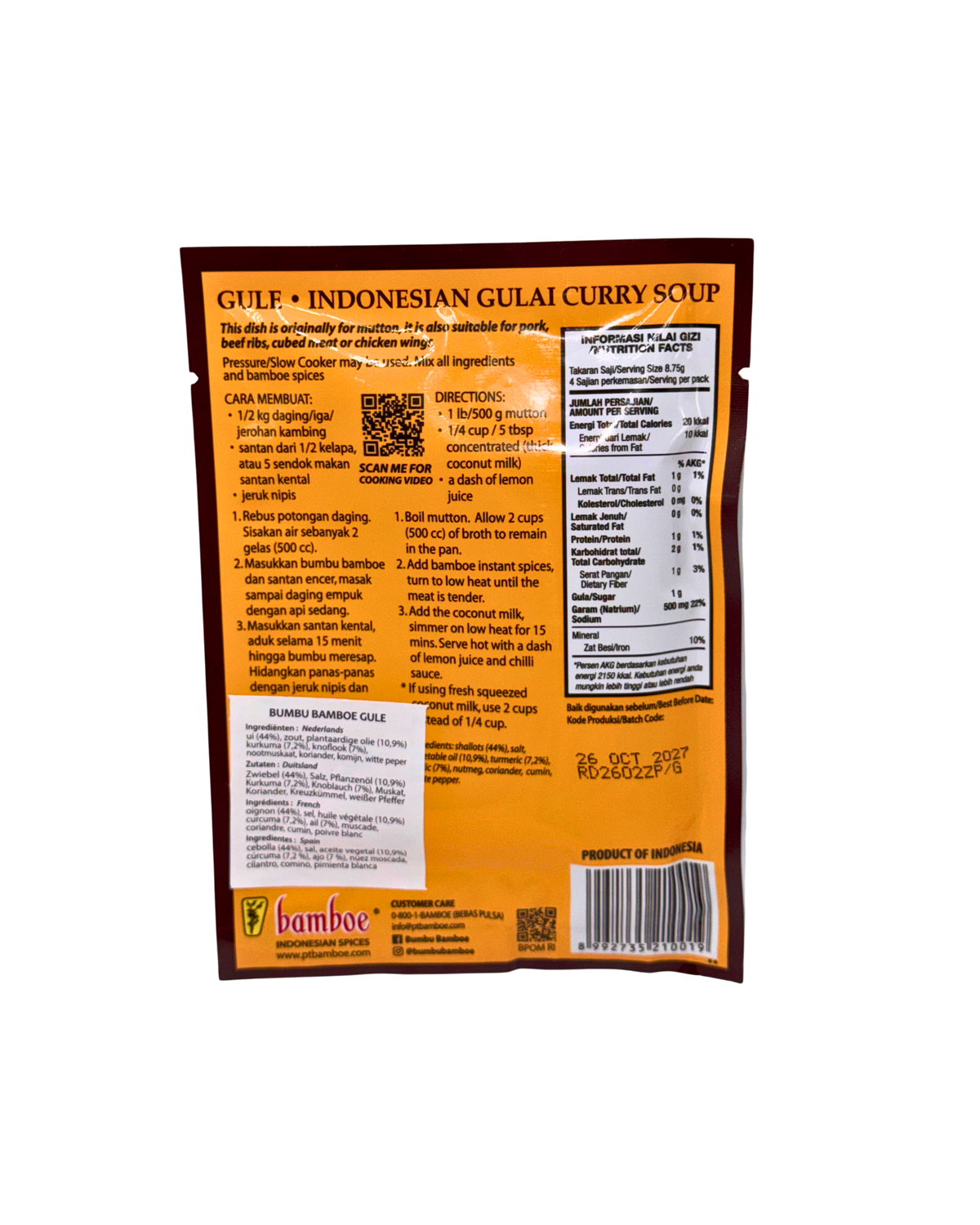 Bamboe Bumbu Gule 35 g Rückseite mit Zutaten und Nährwertangaben